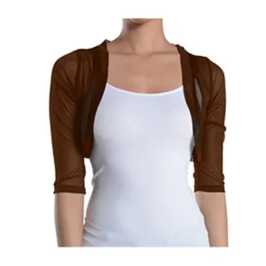Fashion Secrets Junior's Sheer Chiffon Bolero Shrug Jacket Cardigan 3/4 Sleeve (Large, Brown)