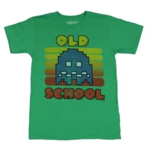 Pac-Man Mens T-Shirt - "Old School" Distressed Big blue Ghost Image (Medium)