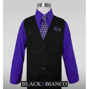 Boys Dress Wear Black Pinstripe Vest Suits Purple Shirt Tie