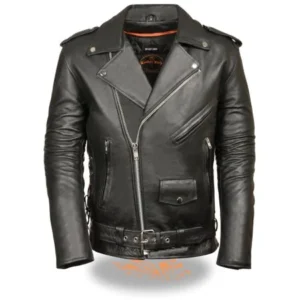Mens Leather Side Lace Police Style Motorcycle Jacket - Tall