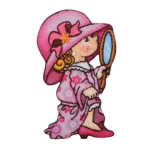 Little Girl in Pink Dress/Hat - Holding Dress-up Mirror - Children - Iron On Embroidered Applique Patch