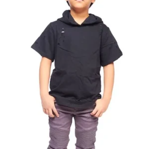 Kids Boys Summer Short Sleeve Casual Distressed Ripped Hoodie BFTT-101CL-S-Black