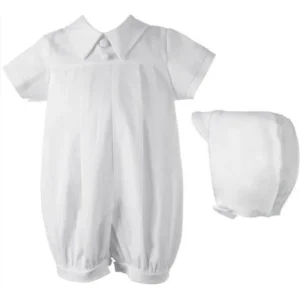 Christening Baptism Newborn Baby Boy Special Occasion Cotton Short Romper & Matching Hat