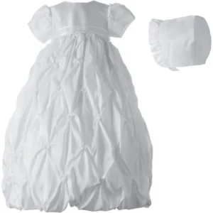 Christening Baptism Newborn Baby Girl Special Occasion Taffeta Long Dress w/ Allover Puckered Embroidery