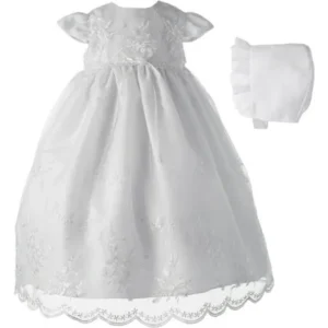 Christening Baptism Newborn Baby Girl Special Occasion Organza Floral Embroidered Dress Gown Outfit w/ Pearl Trim