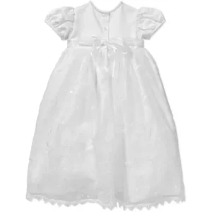 Christening Baptism Newborn Baby Girl Special Occasion Girls Long Embroidered Organza Split Front Skirt Over Bridal Satin Dress w/ Sequin Accents