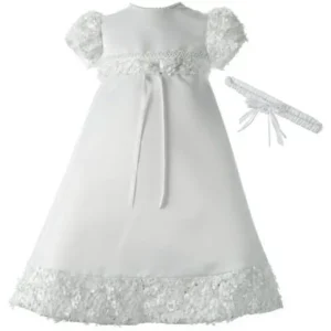 Christening Baptism Newborn Baby Girl Special Occasion Satin Dress Gown Outfit With Floral Soutache Trim