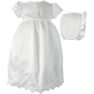 Christening Baptism Newborn Baby Girl Special Occasion Shantung Dress Gown Outfit With Embroidered Crosses