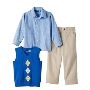 Infant Boys 3-Piece Dress Up Outfit Blue Sweater Vest Plaid Shirt & Pants