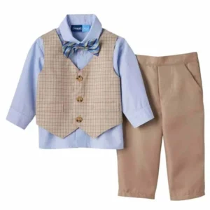 Infant Boys 4-Piece Dress Up Outfit Tan Vest, Pinstripe Shirt, Bow Tie & Pants