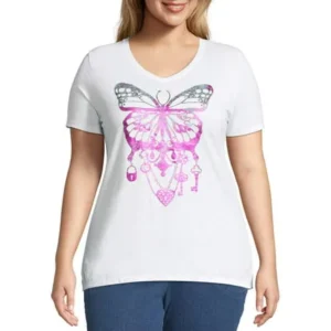 Just My Size Women's Plus Size Graphic Short Sleeve V-neck Tee