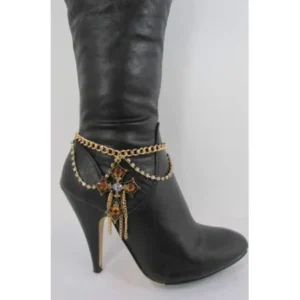 New Western Gold Metal Boot Chain Single Strap Big Cross Rhinestones Shoe Charm