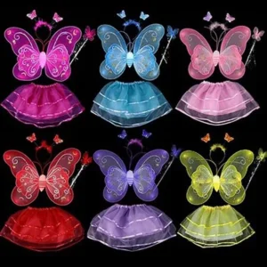 Girl12Queen Kids Cosplay Party Clothes Fairy Butterfly Wing Wand Headband Tutu Skirt Dress Set