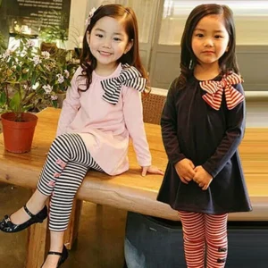 (Asian Size)Girl12Queen Kids Girls Bow T-shirt Striped Leggings Suit Long Sleeve Shirt Pants Clothing Set