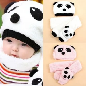 Girl12Queen Kids Baby Fashion Cute Panda Design Warm Hat Beanie Cap Plush Scarf Costume Set