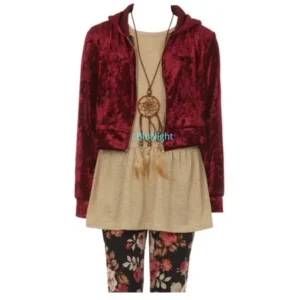 Little Girls Hoodie Sleeveless Top Floral Legging Pants Necklace Clothing Set Burgundy 4 (2J0K9S9)