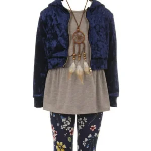 Little Girls Hoodie Sleeveless Top Floral Legging Pants Necklace Clothing Set Navy Blue 4 (2J0K9S9)