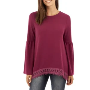 Faded Glory Women's Bell Sleeve Soft Knit Lace Trim Top