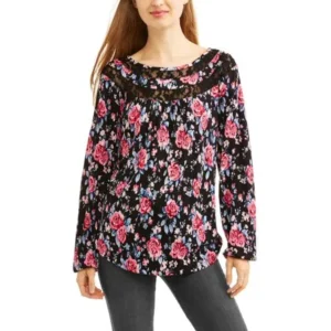 Faded Glory Women's Long Sleeve Floral Print Lace Inset Peasant Top