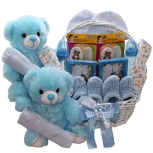 Double The Fun Twin New Baby Gift Basket, (2) Blue Boys