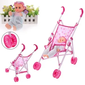 Foldable Pushchair Pram Kid Trolley+Doll Baby Buggy Stroller Toy Girl Child Gift