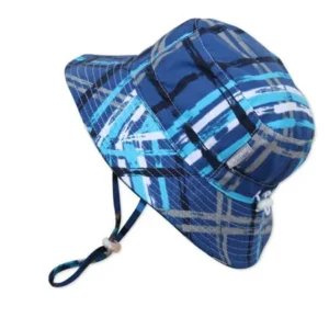 Baby 50+ UPF Sun Protection Bucket Hat With Chin Strap, Size Adjustable Aqua Dry ( S: 0 - 6m, Blue Plaid )