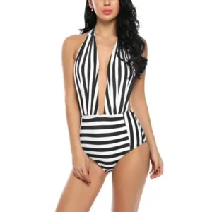 Womens Retro Striped Cut Out One Piece Bathing Suit Tankini Swimsuits