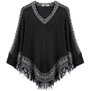 Zeagoo Fashion Women V-neck Batwing Sleeve Tassels Hem Cloak Knitting Loose Sweater DEAML