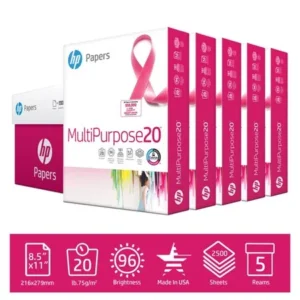 HP Printer Paper, Multipurpose20, 8.5 x 11 Paper, 20lb, 96 Bright - 5 Ream / 2,500 Sheets (115100C)