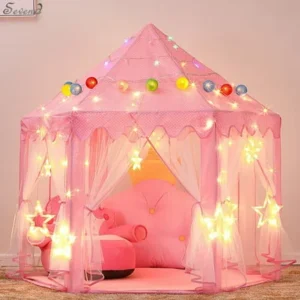 Children's Indoor and Outdoor Hexagon Fairy Princess Castle Play Tent, Sevend Outdoor Fairy House for Child (Pink)