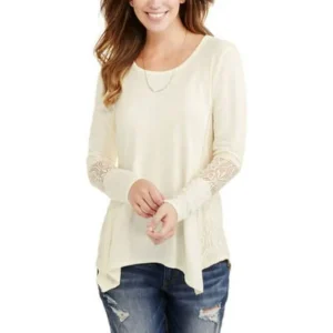 Women's 3/4 Sleeve Lace Detail T-Shirt with Sharkbite Hem