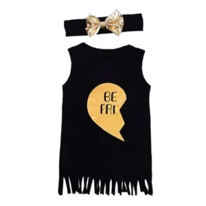 StylesILove Kids Girl Best Friend Twins Sleeveless Tassel T-shirt Dress With Bow Headband (100/18-24 Months, Black Left Heart)