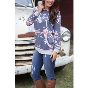 Women's Floral Printed Hoodie Pullover Sweatshirts, Wine Red Casual Long Sleeve Pocket Lightweight Hoodie Pullover Tops Blouses for Women, S