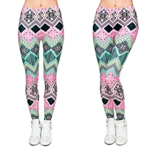 Pop Fashion Women Brightly Colored Printed Leggings Footless Tights Ankle Pants (Teal, Pink, Black and Yellow Aztec Print)