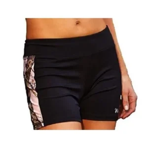 Womens Active Wear Shorts Black with Pink Mossy Oak Breakup Camo Accents â€“ Small