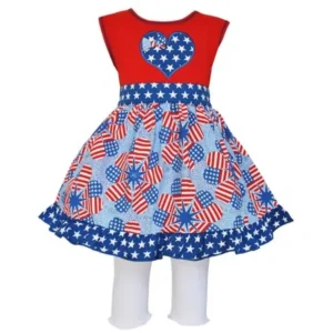 AnnLoren Girls Boutique Patriotic Heart Flags Dress & Capri Spring Outfit