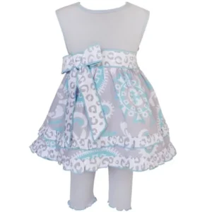 AnnLoren Girls Blue & Gray Floral Dress & Capri Legging Spring Clothing Set