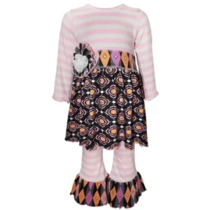 Ann Loren Girls' Pink/Purple/Grey Cotton Boutique Striped Gathered Medallion Outfit