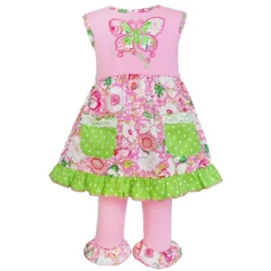 Ann Loren AnnLoren Girls Boutique Pink/Green Cotton Butterfly Dress and Capri Set