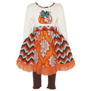 Thanksgiving Pumpkin Chevron & Damask Dress Set