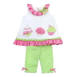 Rare Editions Girls Cupcake Outfit 2 Piece Ruffled Shirt Polka Dot Pants Set