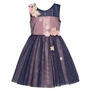 Tween Diva Little Girls Navy Pink Flower Accents Overlaid Christmas Dress