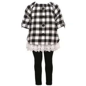 Rare Editions Little Girls Black White Squares Button Detail 2 Pcs Outfit