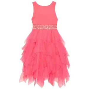 Little Girls Coral Stone Encrusted Waterfall Ruffle Dress