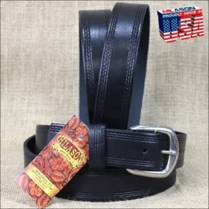 30IN. BLACK 1.5in CASUAL LEATHER BELT TRIPLE STITCHED EMBOSSED BORDER MADE IN US