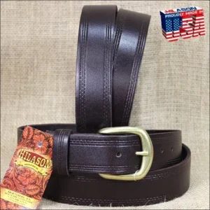 30IN. BROWN 1.5in CASUAL LEATHER BELT TRIPLE STITCHED EMBOSSED BORDER MADE IN US