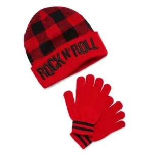 Oxygen Little Boys Knit Hat and Gloves Set - "Rock n' Roll" Red Check - 4-7