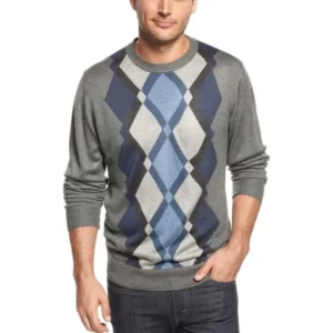 Argyle Crewneck Sweater Small S Metallic Gray Heather