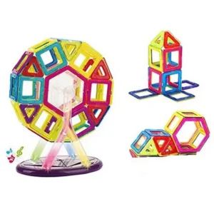 Magnet Blocks Construction Set Multicolor Building Clear Tiles Stacking 52 PC Educational STEM Toy Ferris Wheel For Baby Toddler 36 Months