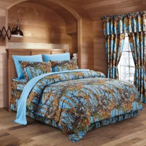 The Woods Powder Blue Camouflage Queen 8pc Premium Luxury Comforter, Sheet, Pillowcases, and Bed Skirt Set by Regal Comfort Camo Bedding Set For Hunters Cabin or Rustic Lodge Teens Boys and Girls